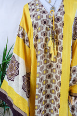 Cassandra Maxi Kaftan - Limoncello and Chocolate Ikat   - Vintage Sari - Size L/XL