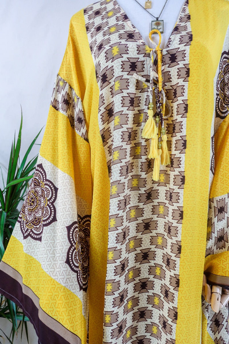 Cassandra Maxi Kaftan - Limoncello and Chocolate Ikat   - Vintage Sari - Size L/XL