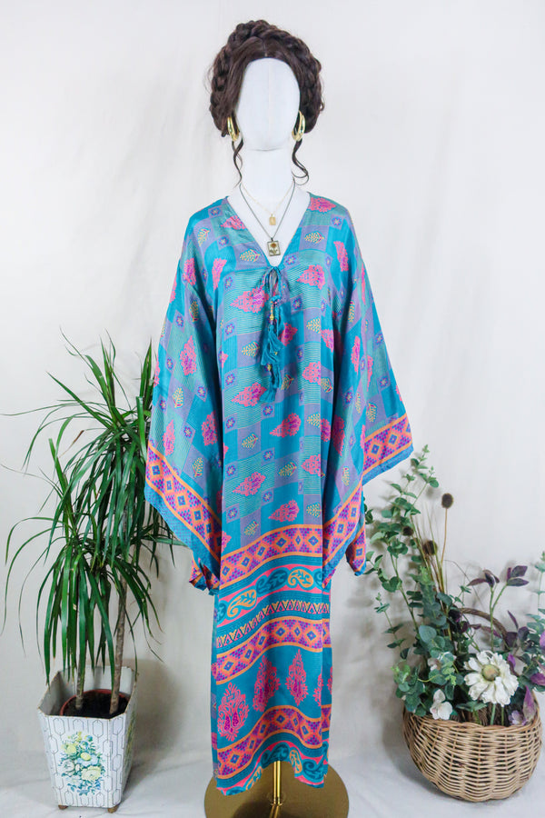 Cassandra Maxi Kaftan - Ocean & Coral Tile Print - Vintage Sari - Size S/M