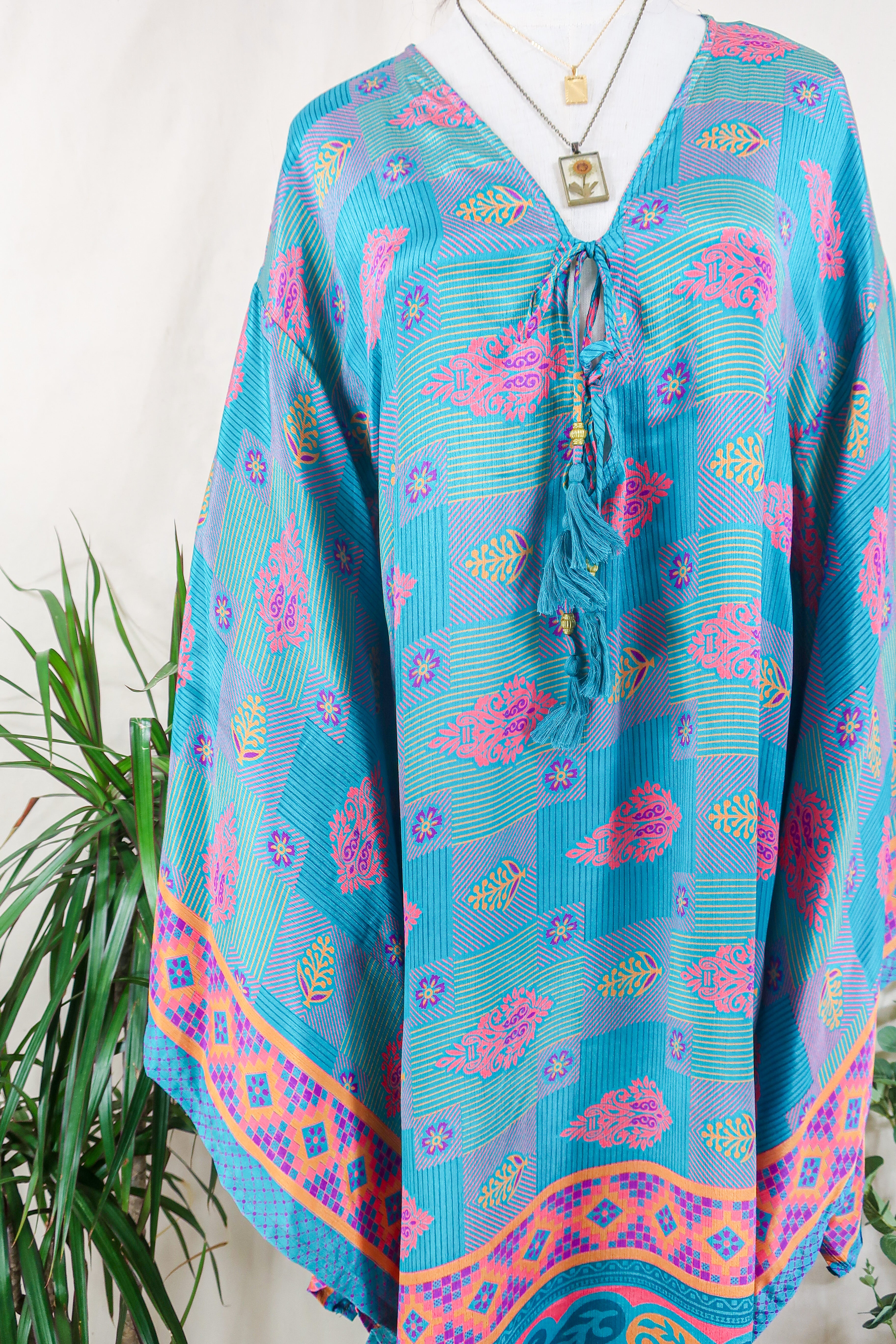 Cassandra Maxi Kaftan - Ocean & Coral Tile Print - Vintage Sari - Size S/M