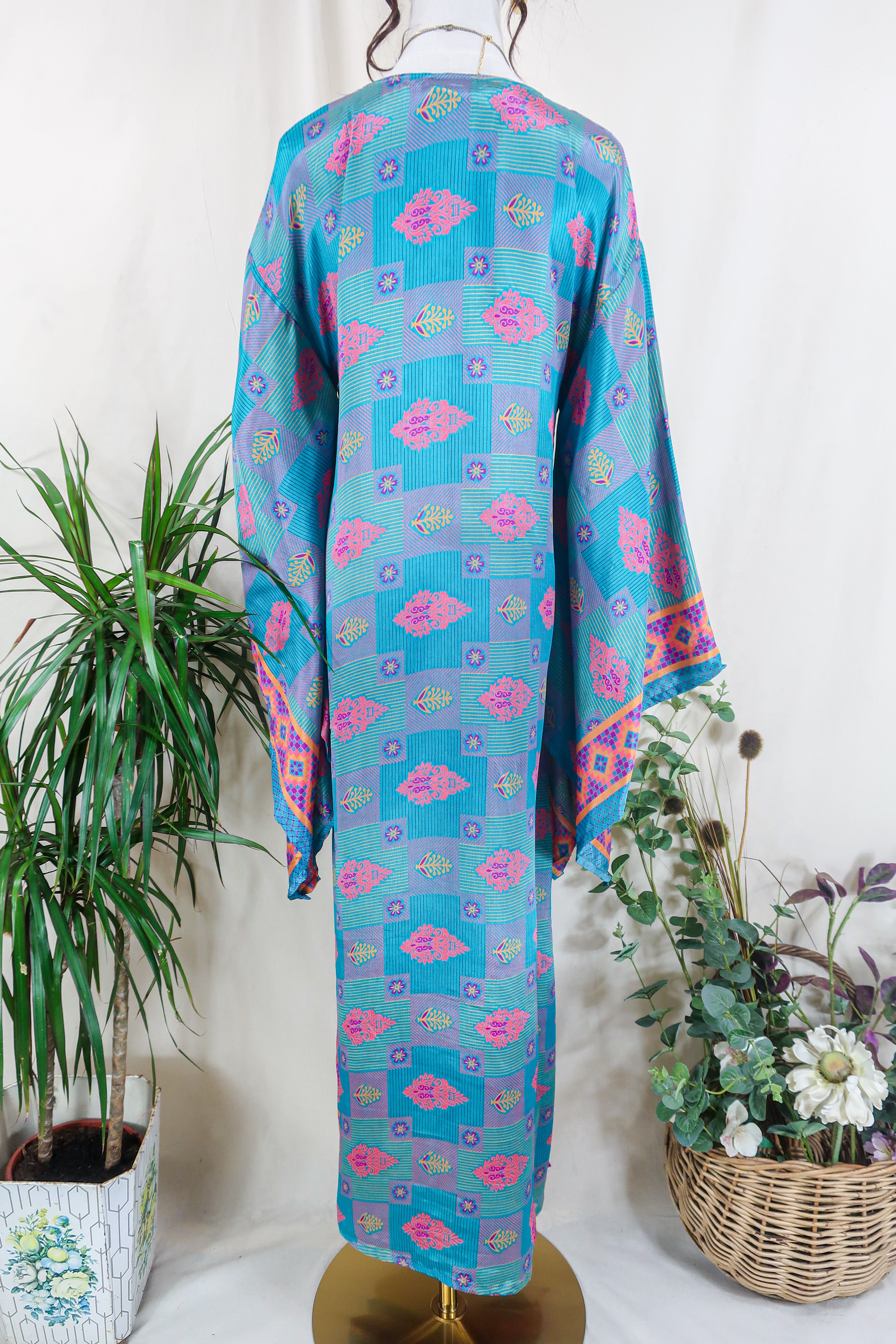 Cassandra Maxi Kaftan - Ocean & Coral Tile Print - Vintage Sari - Size S/M