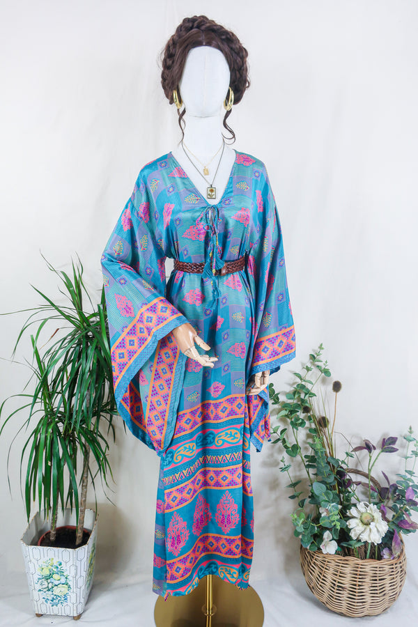 Cassandra Maxi Kaftan - Ocean & Coral Tile Print - Vintage Sari - Size S/M