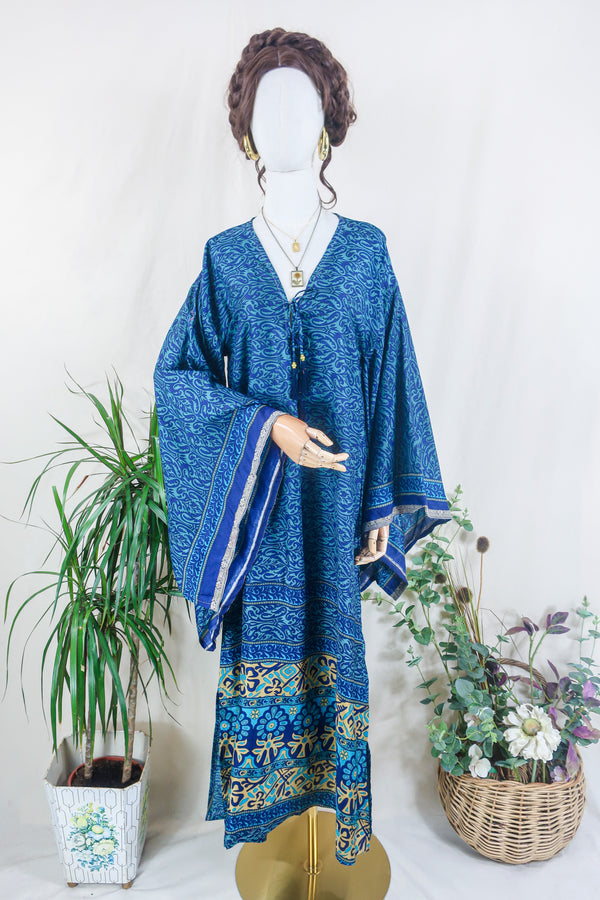 Cassandra Maxi Kaftan - Mystic Blue Nouveau - Vintage Sari - Size S/M