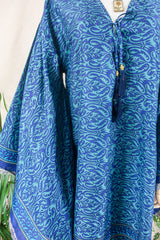 Cassandra Maxi Kaftan - Mystic Blue Nouveau - Vintage Sari - Size S/M
