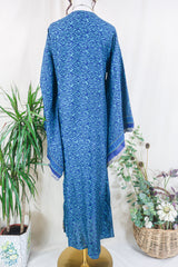 Cassandra Maxi Kaftan - Mystic Blue Nouveau - Vintage Sari - Size S/M