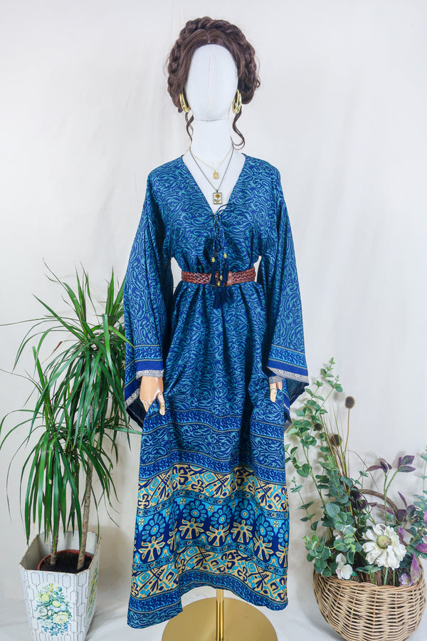 Cassandra Maxi Kaftan - Mystic Blue Nouveau - Vintage Sari - Size S/M