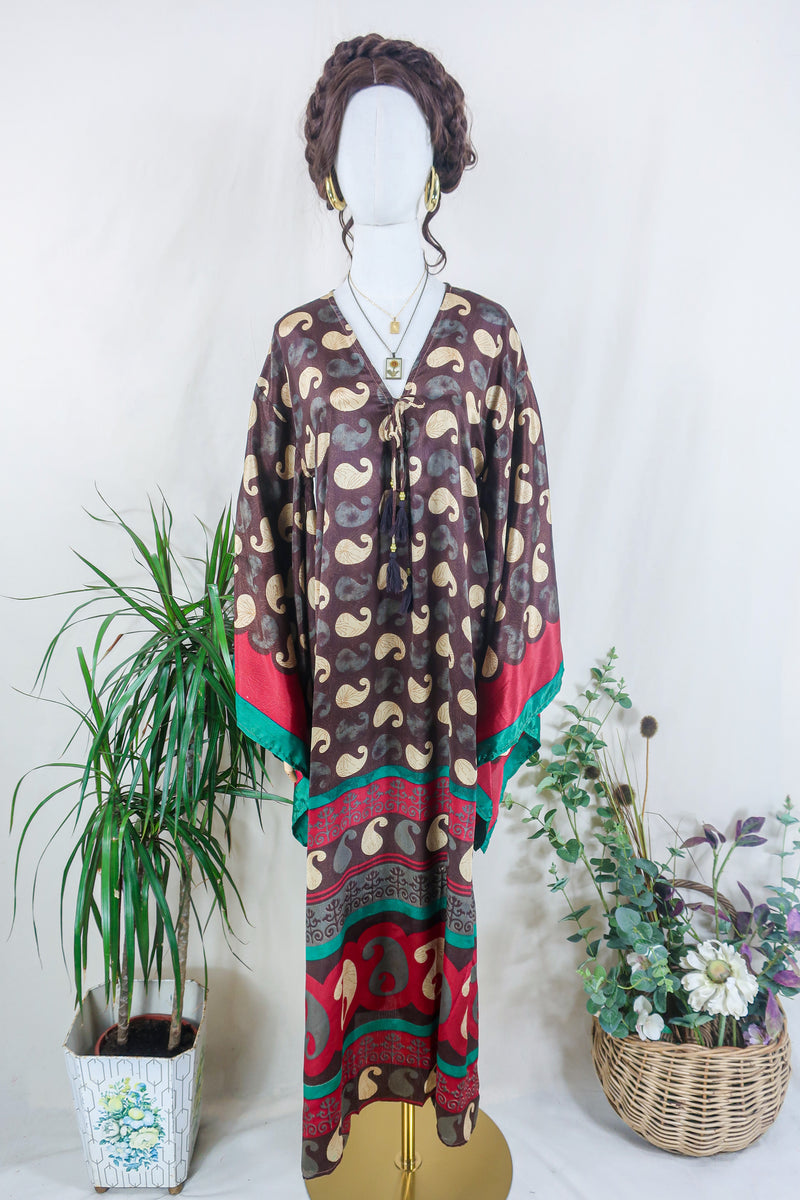 Cassandra Maxi Kaftan - Deep Umber & Oat Paisley - Vintage Sari - Size S/M