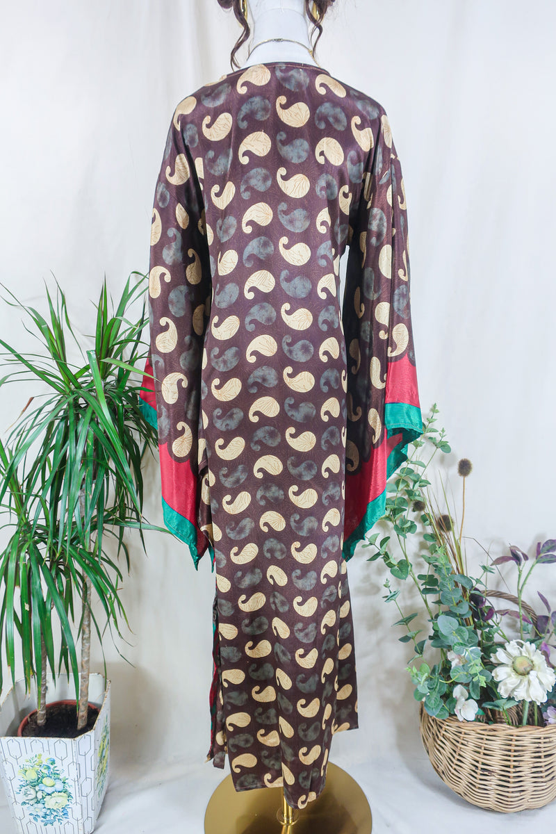 Cassandra Maxi Kaftan - Deep Umber & Oat Paisley - Vintage Sari - Size S/M