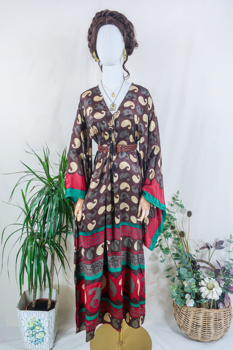 Cassandra Maxi Kaftan - Deep Umber & Oat Paisley - Vintage Sari - Size S/M