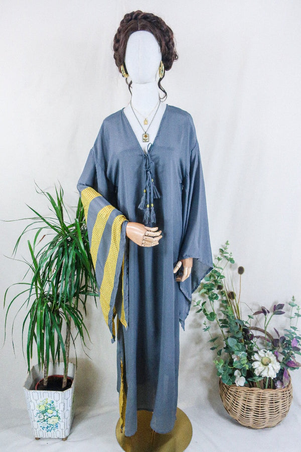 Cassandra Maxi Kaftan - Charcoal and Sunshine Block Colour - Vintage Sari - Size M/L