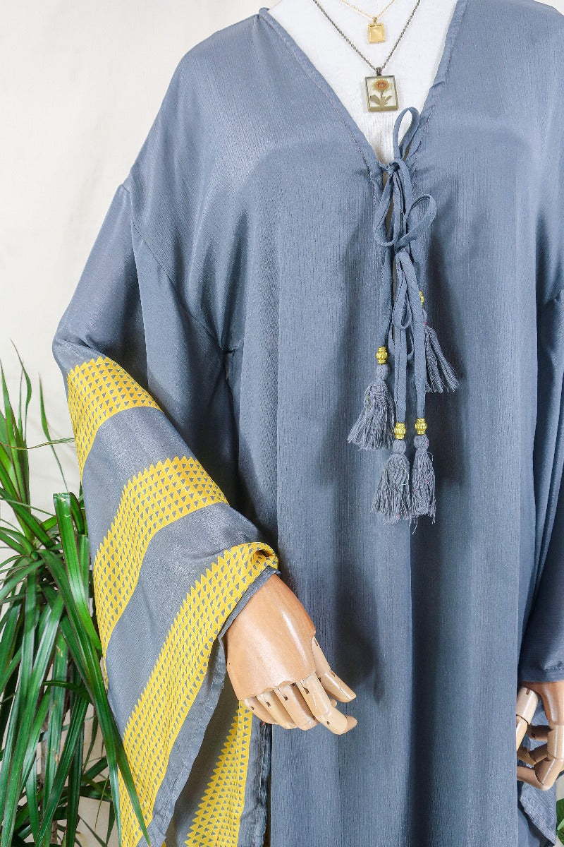 Cassandra Maxi Kaftan - Charcoal and Sunshine Block Colour - Vintage Sari - Size M/L