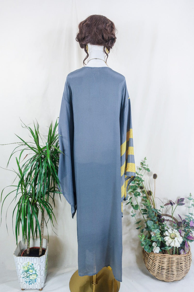 Cassandra Maxi Kaftan - Charcoal and Sunshine Block Colour - Vintage Sari - Size M/L