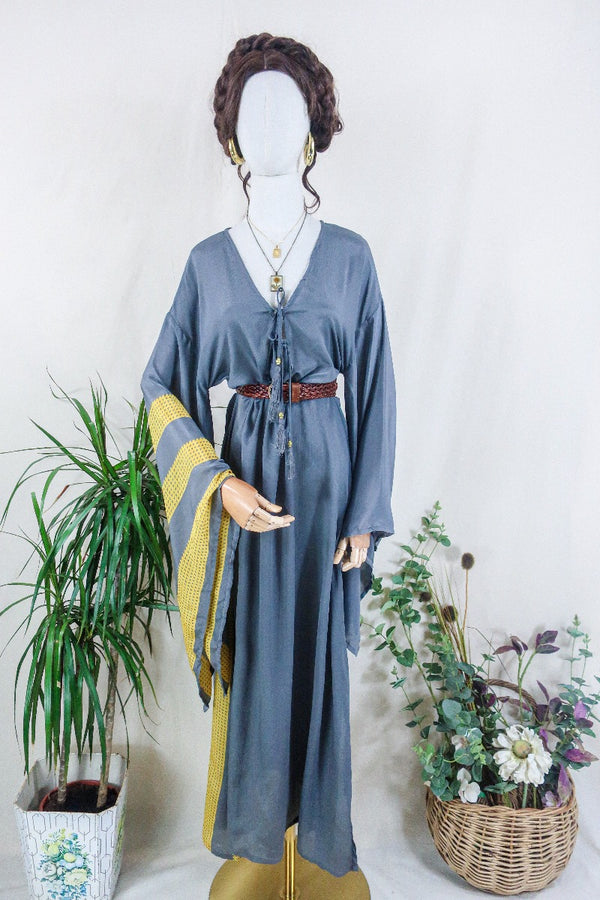 Cassandra Maxi Kaftan - Charcoal and Sunshine Block Colour - Vintage Sari - Size M/L