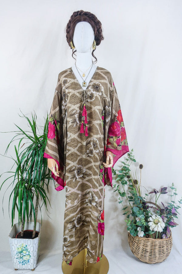 Cassandra Maxi Kaftan - Cedar & Cerise Pink Floral - Vintage Sari - Size S/M by all about audrey