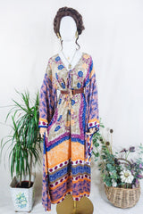 Cassandra Maxi Kaftan - Cobalt and Peach Block Print Gardenia  - Vintage Sari - Size M/L