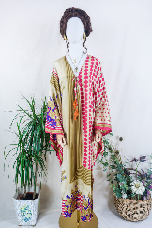Cassandra Maxi Kaftan - Cerise Flowers & Spots - Vintage Sari - Size S