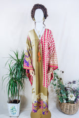 Cassandra Maxi Kaftan - Cerise Flowers & Spots - Vintage Sari - Size S/M