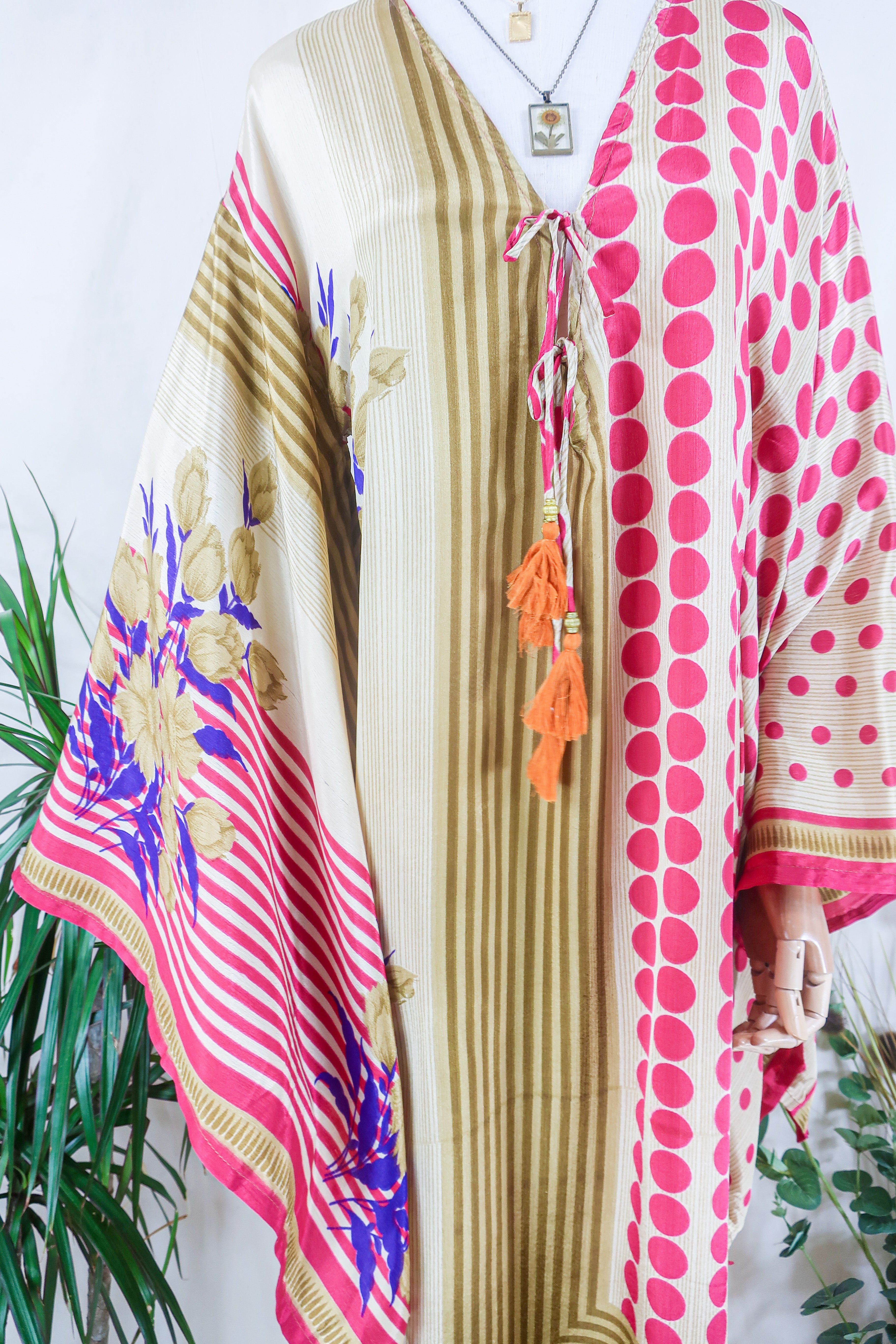 Cassandra Maxi Kaftan - Cerise Flowers & Spots - Vintage Sari - Size S/M