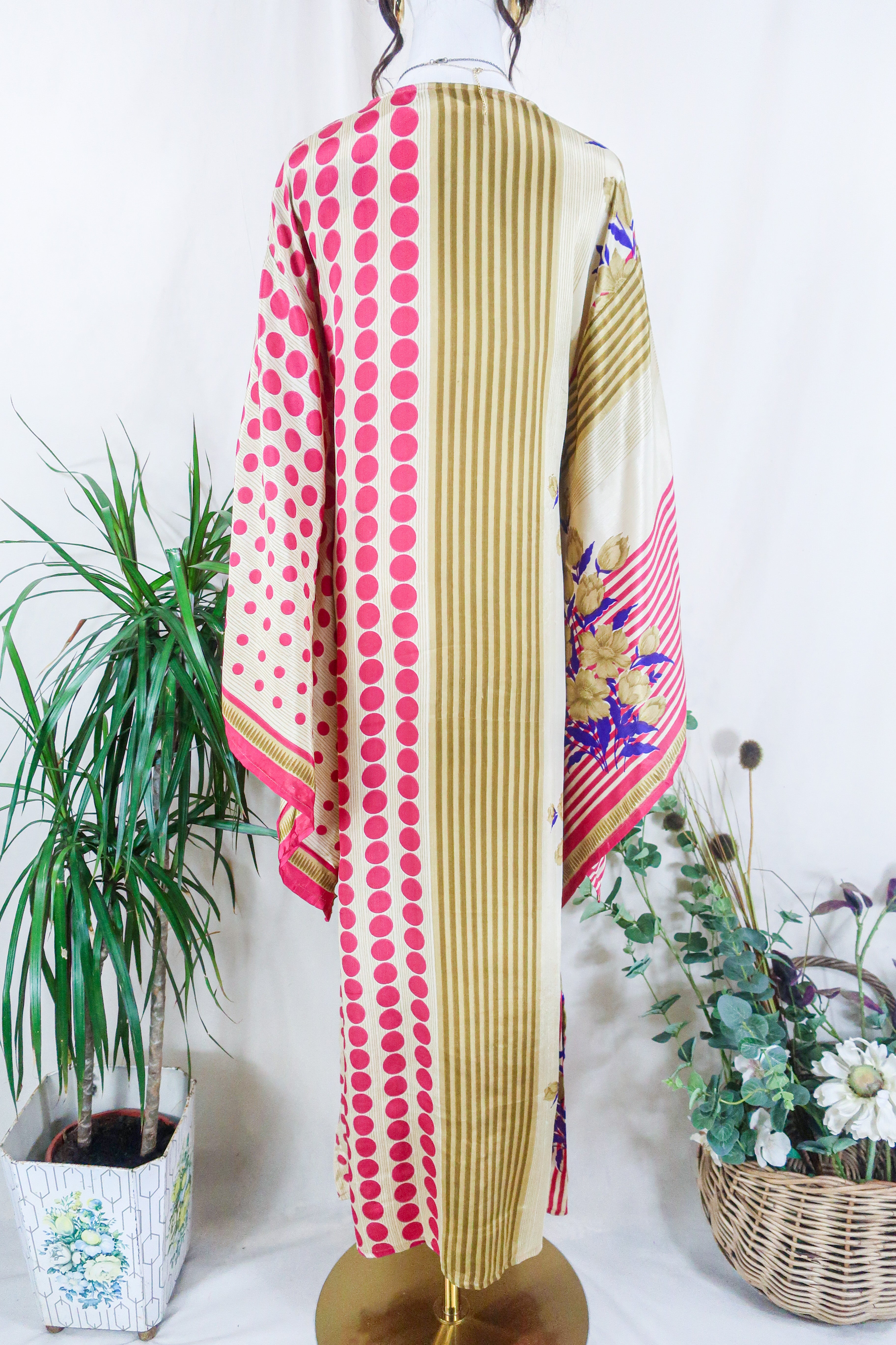 Cassandra Maxi Kaftan - Cerise Flowers & Spots - Vintage Sari - Size S/M