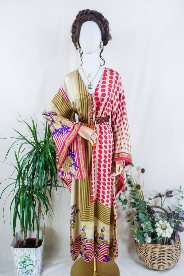 Cassandra Maxi Kaftan - Cerise Flowers & Spots - Vintage Sari - Size S/M