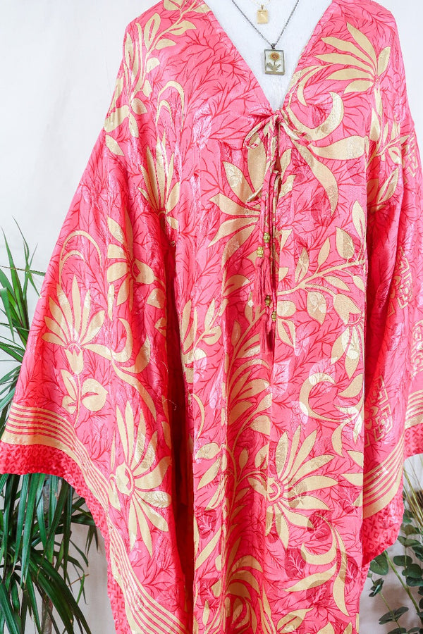 Cassandra Maxi Kaftan - French Rose and Taupe Floral Shimmer - Vintage Sari - Size L/XL