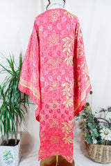 Cassandra Maxi Kaftan - French Rose and Taupe Floral Shimmer - Vintage Sari - Size L/XL