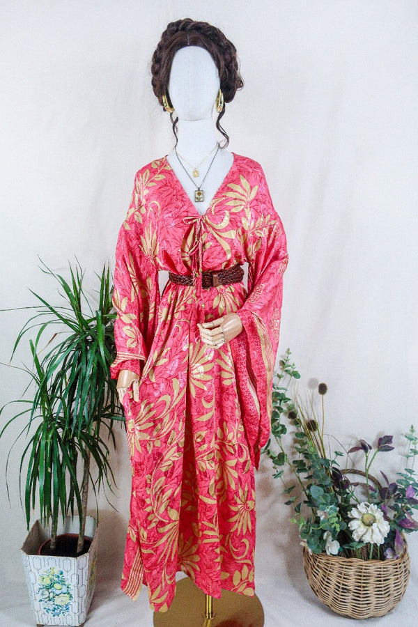 Cassandra Maxi Kaftan - French Rose and Taupe Floral Shimmer - Vintage Sari - Size L/XL
