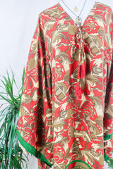 Cassandra Maxi Kaftan - Ash Brown, Green & Bright Red - Vintage Sari - Size S/M by all about audrey