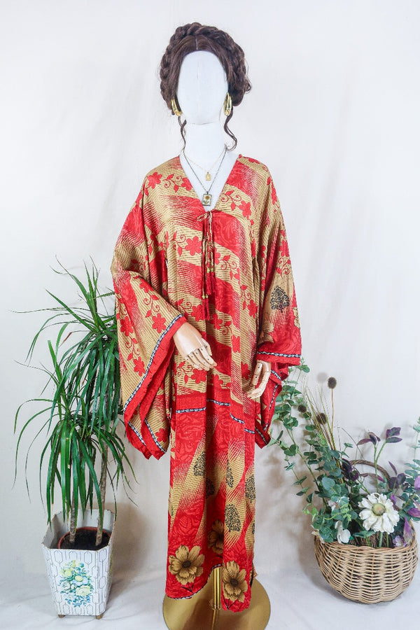 Cassandra Maxi Kaftan - Sandcastle & Scarlet Red Floral - Vintage Sari - Size S/M by all about audrey