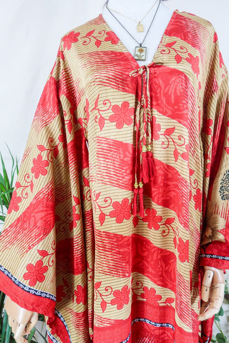 Cassandra Maxi Kaftan - Sandcastle & Scarlet Red Floral - Vintage Sari - Size S/M by all about audrey