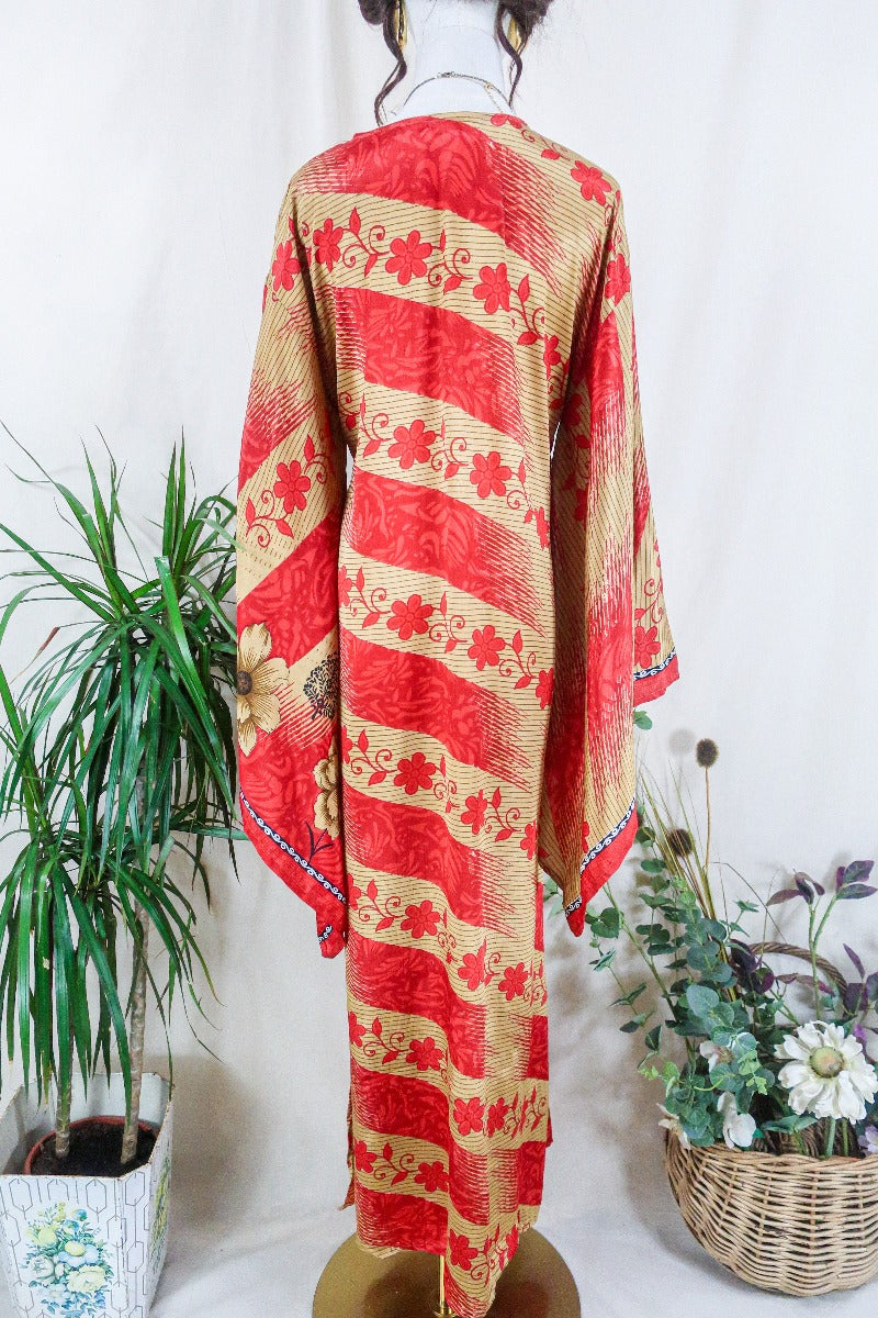 Cassandra Maxi Kaftan - Sandcastle & Scarlet Red Floral - Vintage Sari - Size S/M by all about audrey