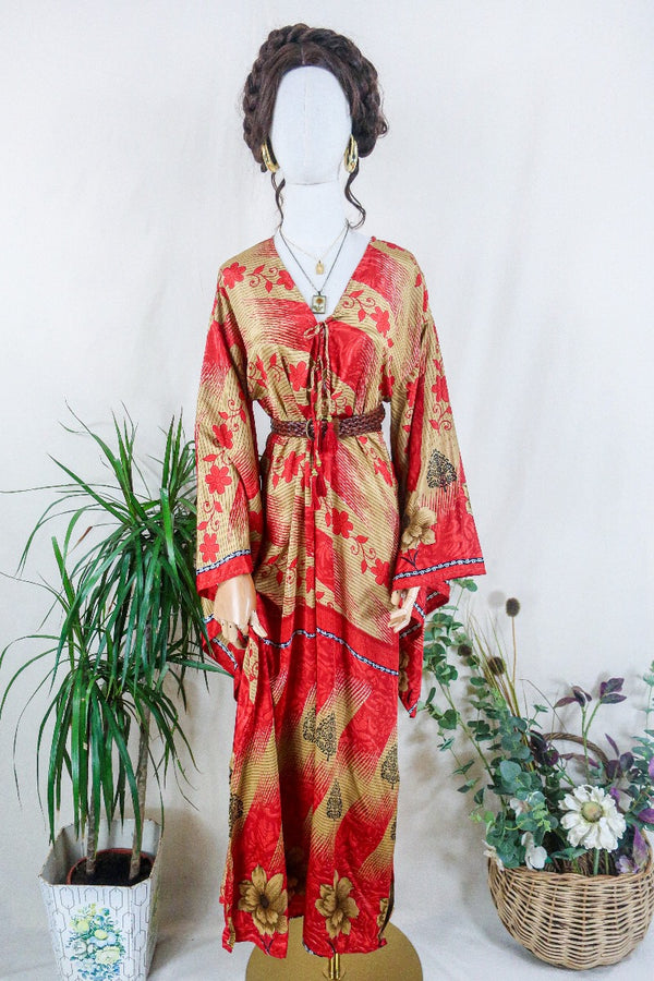 Cassandra Maxi Kaftan - Sandcastle & Scarlet Red Floral - Vintage Sari - Size S/M by all about audrey