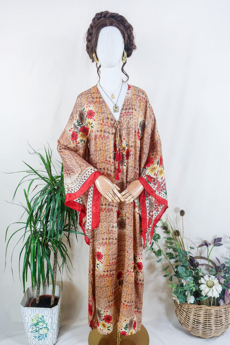 Cassandra Maxi Kaftan - Cedar Brown & Red Floral - Vintage Sari - Size S/M by all about audrey