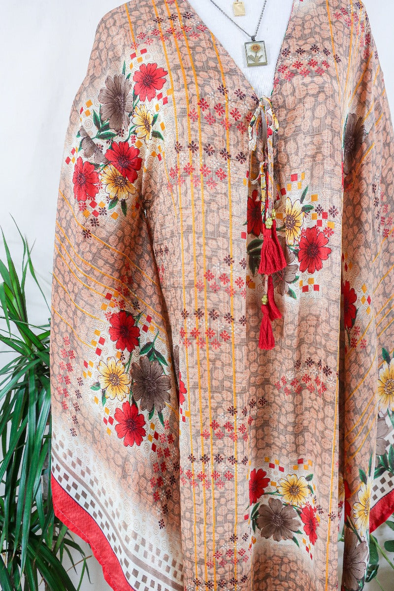 Cassandra Maxi Kaftan - Cedar Brown & Red Floral - Vintage Sari - Size S/M by all about audrey