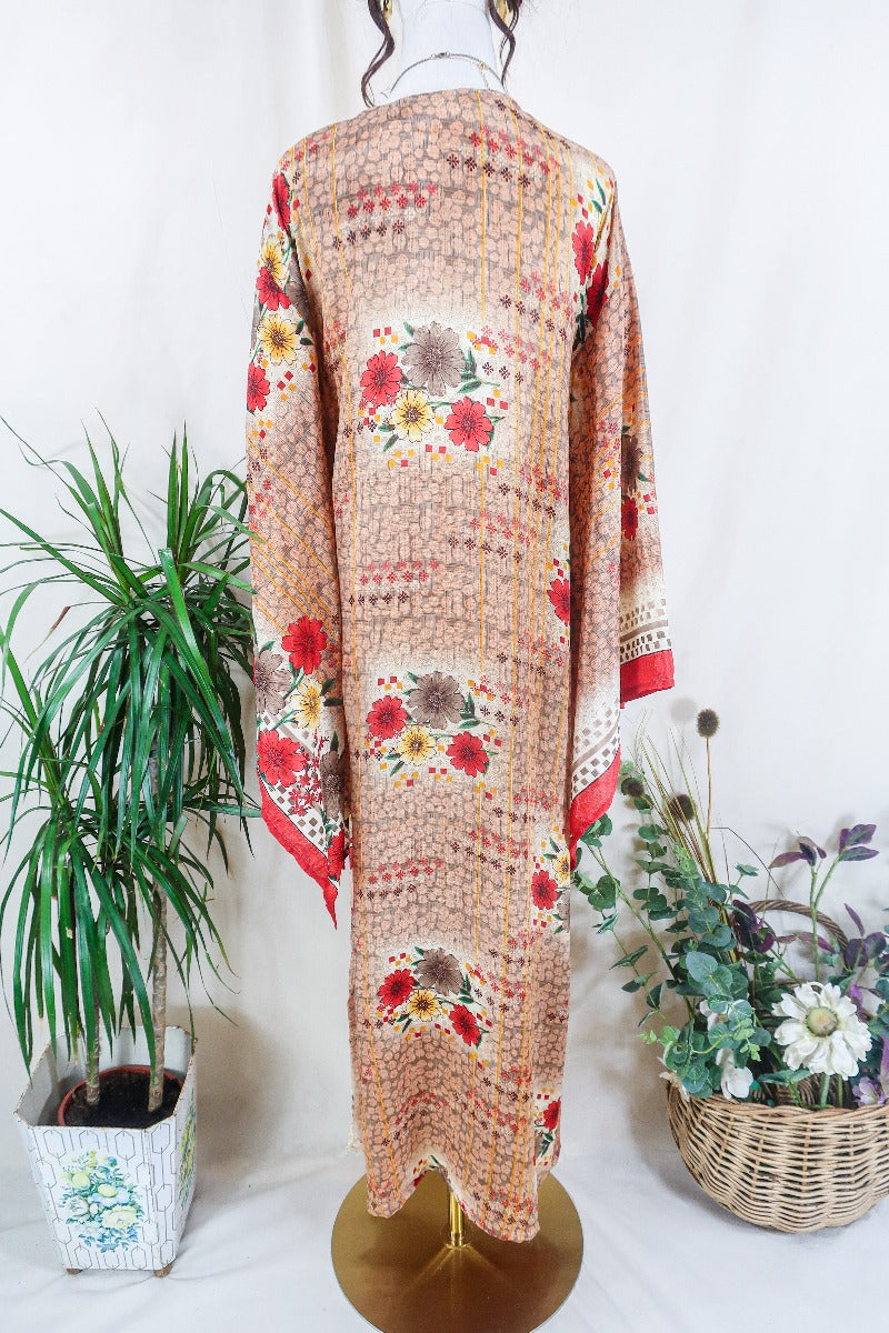 Cassandra Maxi Kaftan - Cedar Brown & Red Floral - Vintage Sari - Size S/M by all about audrey