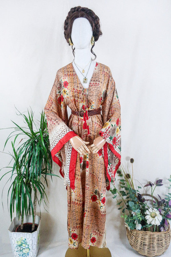 Cassandra Maxi Kaftan - Cedar Brown & Red Floral - Vintage Sari - Size S/M by all about audrey