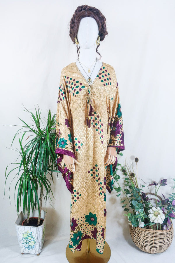 Cassandra Maxi Kaftan - Champagne Gold Polka Dot Jacquard - Vintage Sari - Size S/M by all about audrey