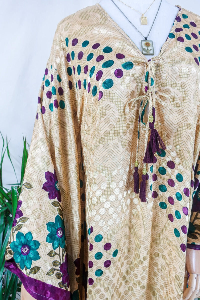 Cassandra Maxi Kaftan - Champagne Gold Polka Dot Jacquard - Vintage Sari - Size S/M by all about audrey
