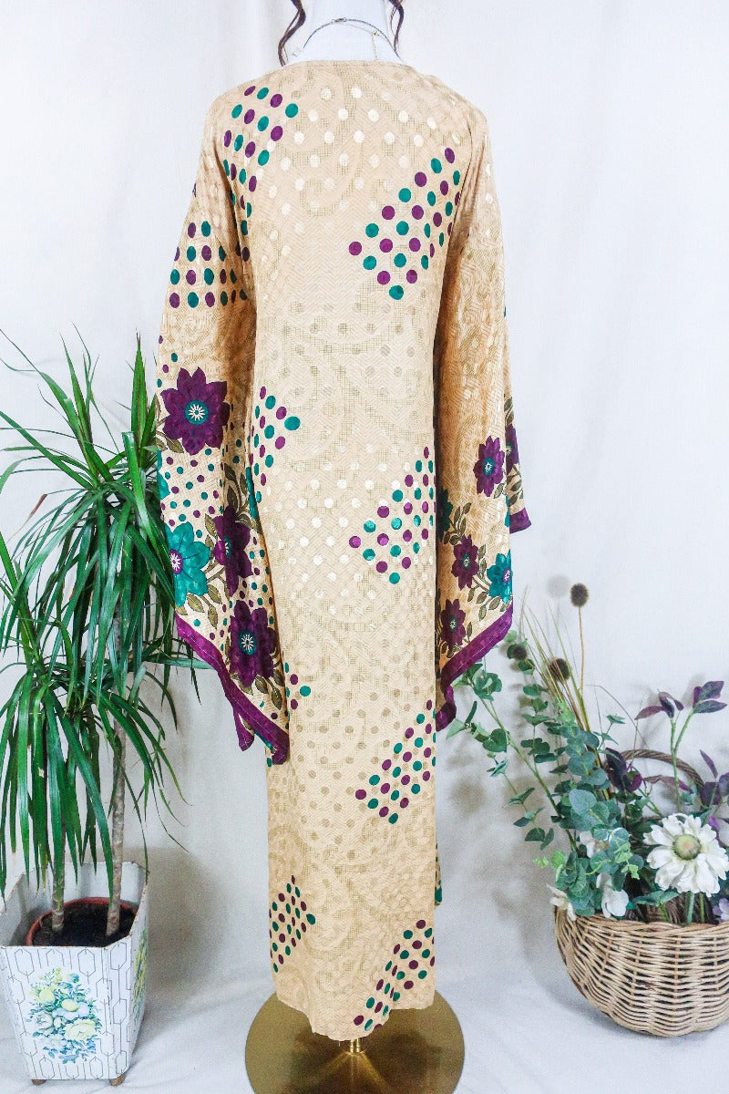 Cassandra Maxi Kaftan - Champagne Gold Polka Dot Jacquard - Vintage Sari - Size S/M by all about audrey