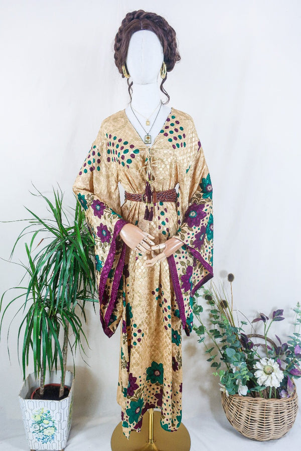 Cassandra Maxi Kaftan - Champagne Gold Polka Dot Jacquard - Vintage Sari - Size S/M by all about audrey