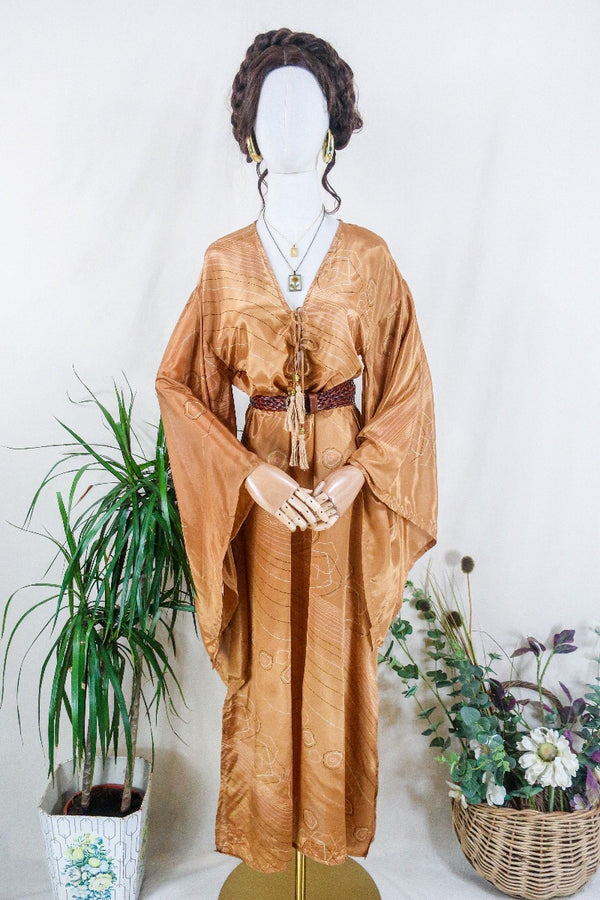 Cassandra Maxi Kaftan - Golden Sands Graphic - Vintage Sari - Size S/M by all about audrey