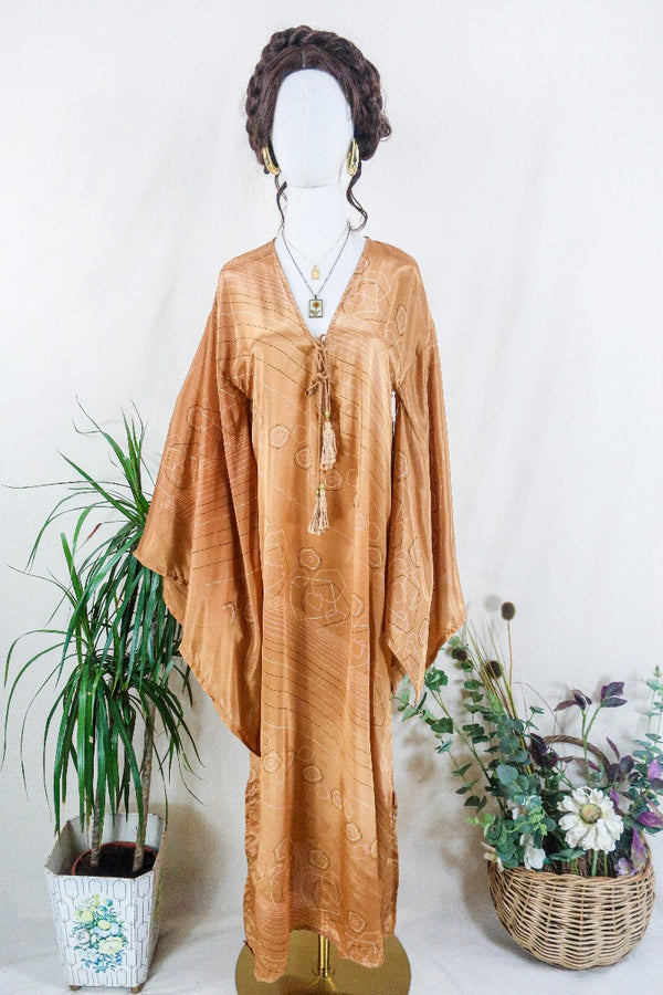 Cassandra Maxi Kaftan - Golden Sands Graphic - Vintage Sari - Size S/M by all about audrey