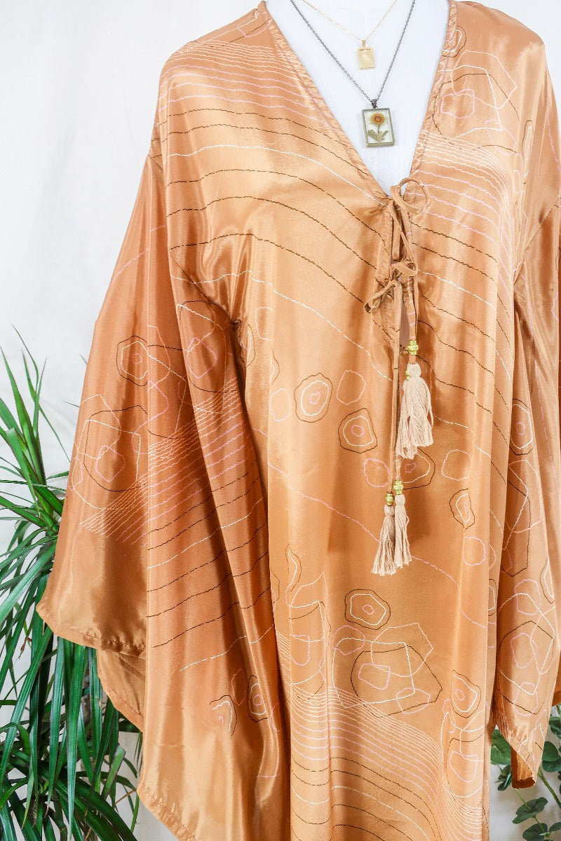 Cassandra Maxi Kaftan - Golden Sands Graphic - Vintage Sari - Size S/M by all about audrey