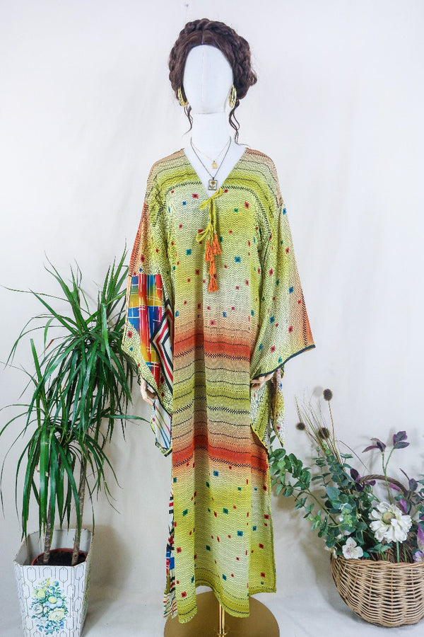 Cassandra Maxi Kaftan - Meadow Green Hall of Kaleidoscopes - Vintage Sari - Size M/L by all about audrey