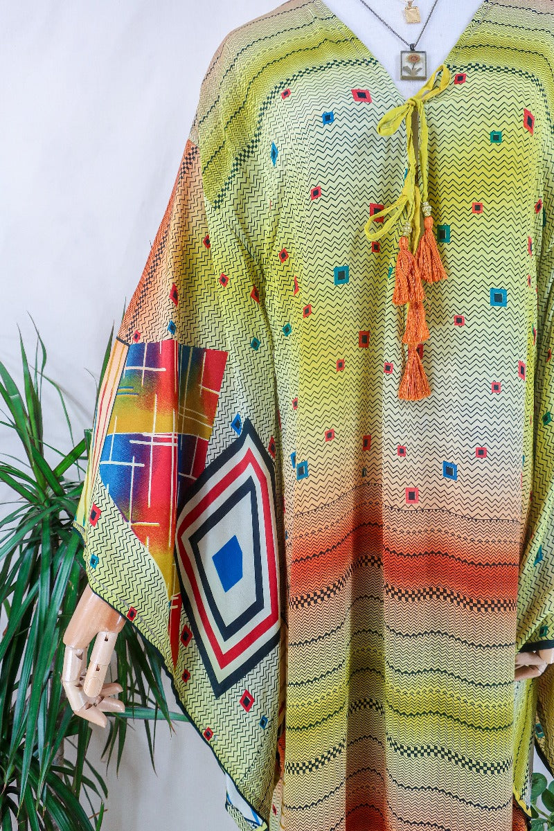 Cassandra Maxi Kaftan - Meadow Green Hall of Kaleidoscopes - Vintage Sari - Size M/L by all about audrey