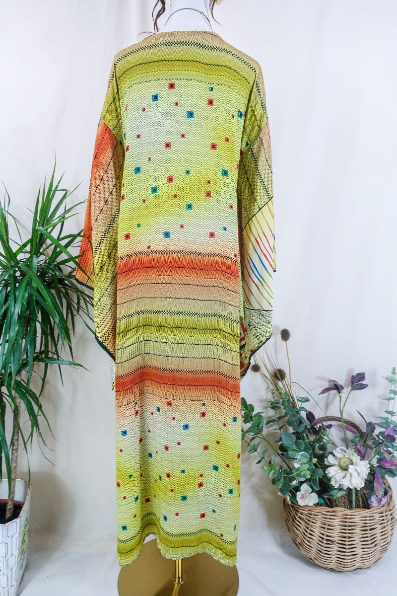 Cassandra Maxi Kaftan - Meadow Green Hall of Kaleidoscopes - Vintage Sari - Size M/L by all about audrey