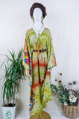 Cassandra Maxi Kaftan - Meadow Green Hall of Kaleidoscopes - Vintage Sari - Size M/L by all about audrey