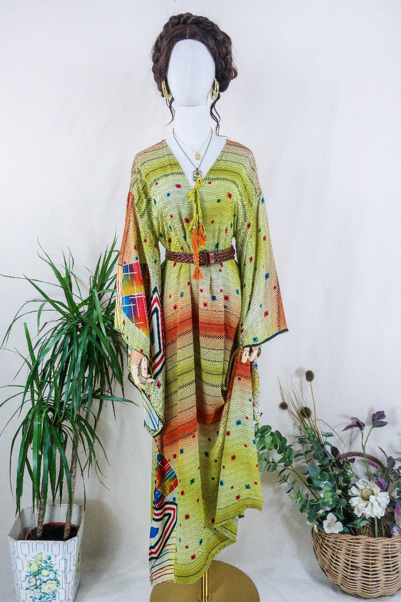 Cassandra Maxi Kaftan - Meadow Green Hall of Kaleidoscopes - Vintage Sari - Size M/L by all about audrey