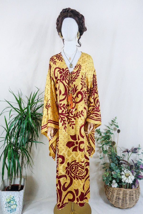 Cassandra Maxi Kaftan - Soft Yellow & Garnet Red Shimmer - Vintage Sari - Size M/L by all about audrey