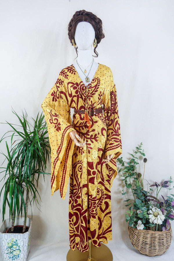 Cassandra Maxi Kaftan - Soft Yellow & Garnet Red Shimmer - Vintage Sari - Size M/L by all about audrey